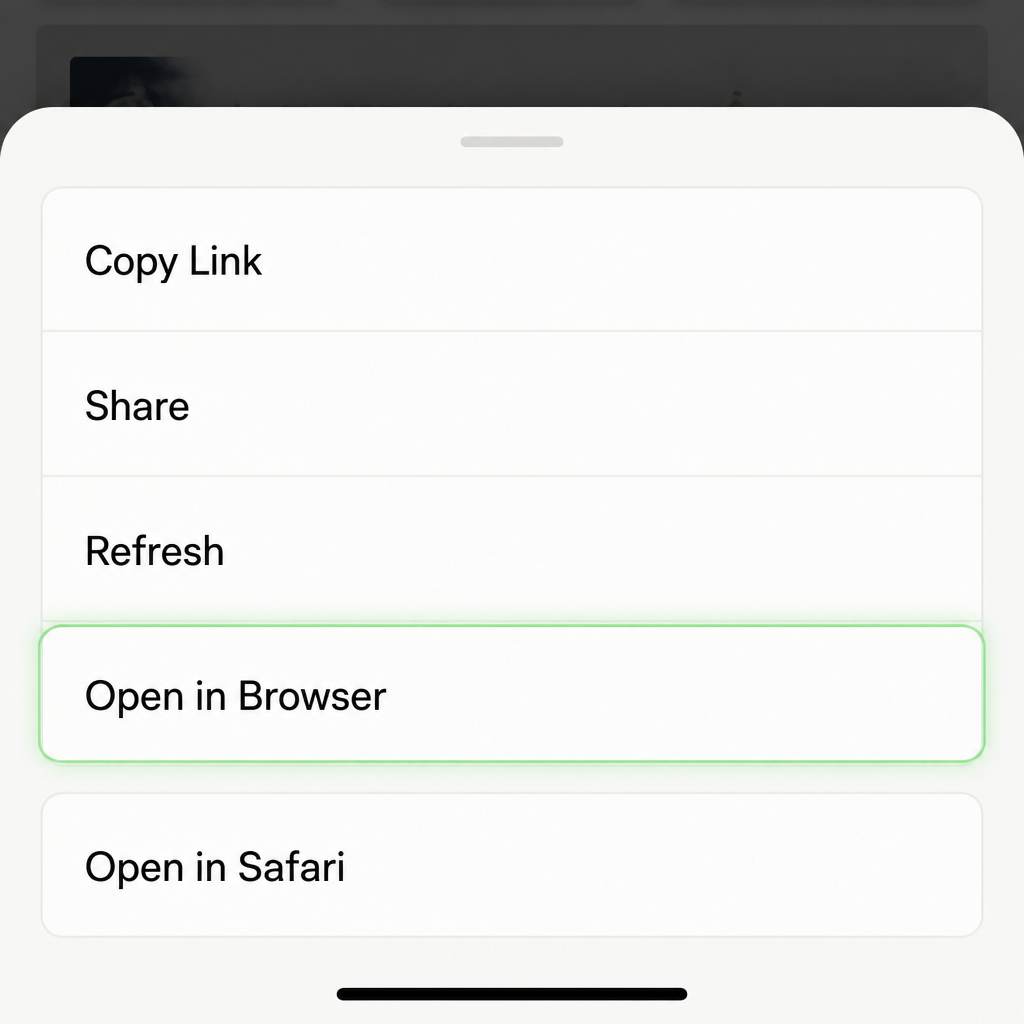 Screenshot highlighting the Open in Browser option in the mobile menu